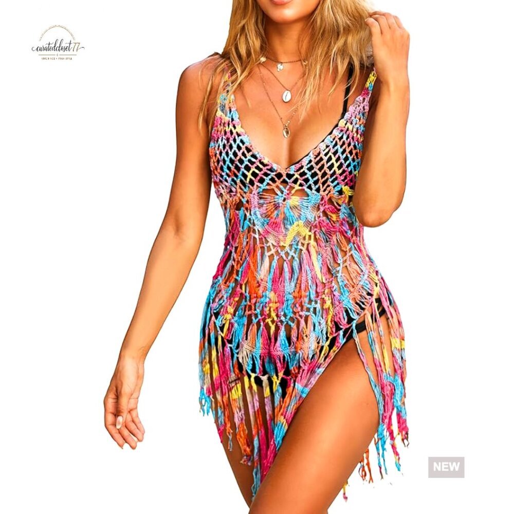 Crochet Tassel Coverup Dress Loose Fit Rayon Blend Beach Pool Swimwear